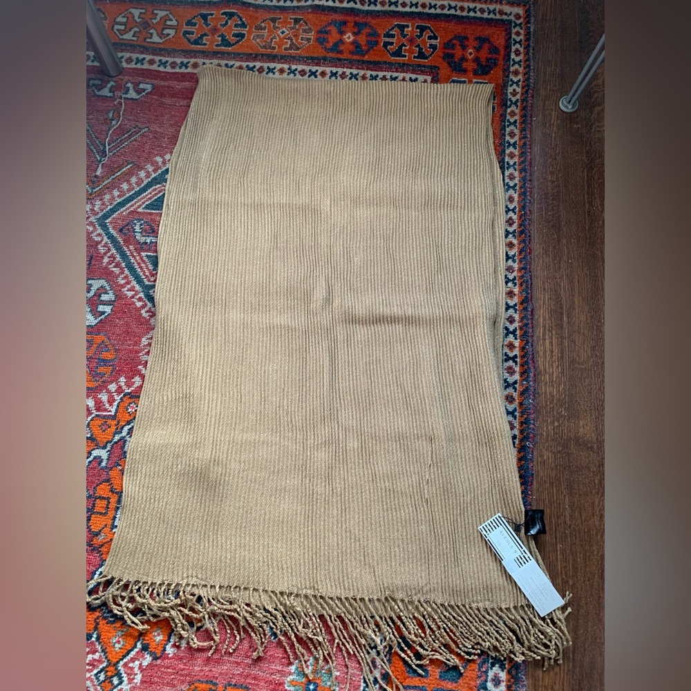 Avenue Tan Ribbed Scarf with Fringe